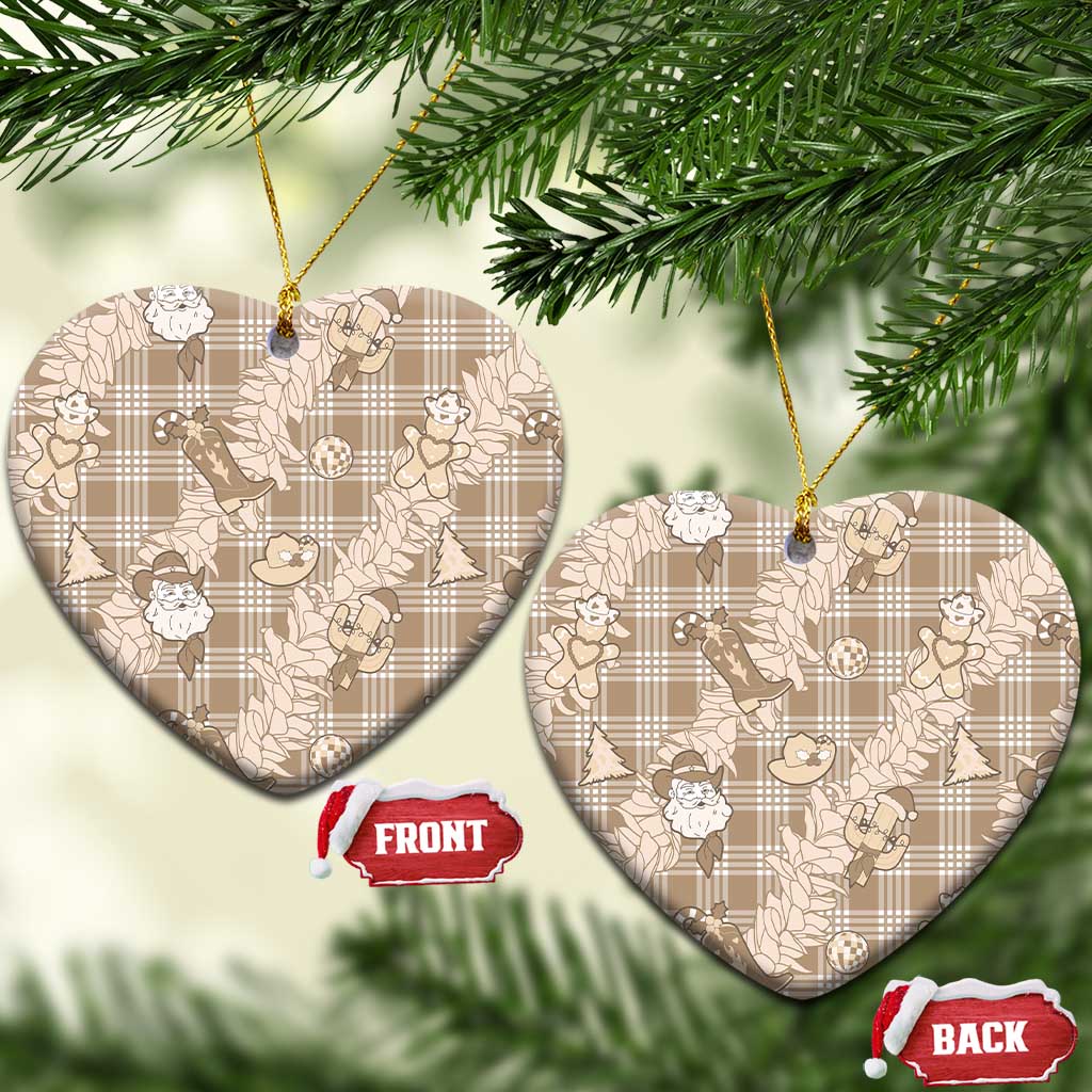 Khaki Palaka Hawaii Cowboy Christmas Ceramic Ornament Paniolo Mix Maile Lei LT7 Heart Beige - Polynesian Pride