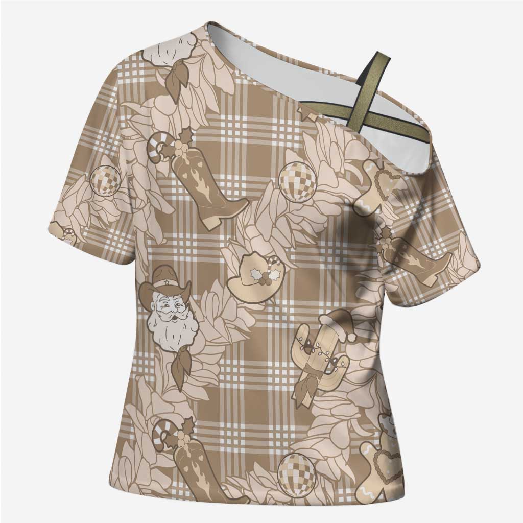 Khaki Palaka Hawaii Cowboy Christmas Cross Shoulder Shirt Paniolo Mix Maile Lei LT7 Female Beige - Polynesian Pride