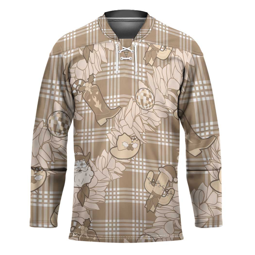 Khaki Palaka Hawaii Cowboy Christmas Hockey Jersey Paniolo Mix Maile Lei LT7 Unisex Beige - Polynesian Pride