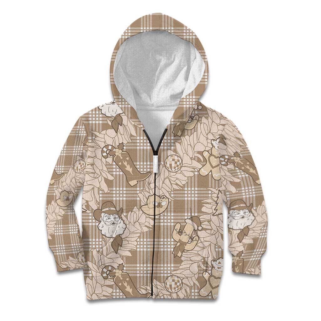 Khaki Palaka Hawaii Cowboy Christmas Kid Hoodie Paniolo Mix Maile Lei LT7 Zip Hoodie Beige - Polynesian Pride