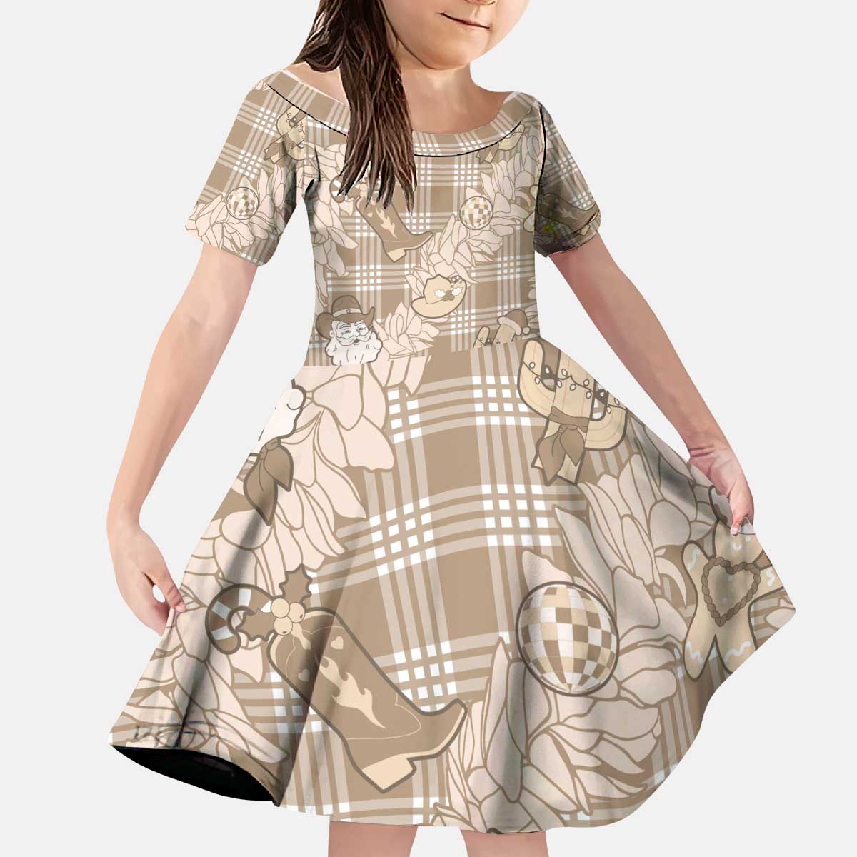 Khaki Palaka Hawaii Cowboy Christmas Kid Short Sleeve Dress Paniolo Mix Maile Lei LT7 KID Beige - Polynesian Pride