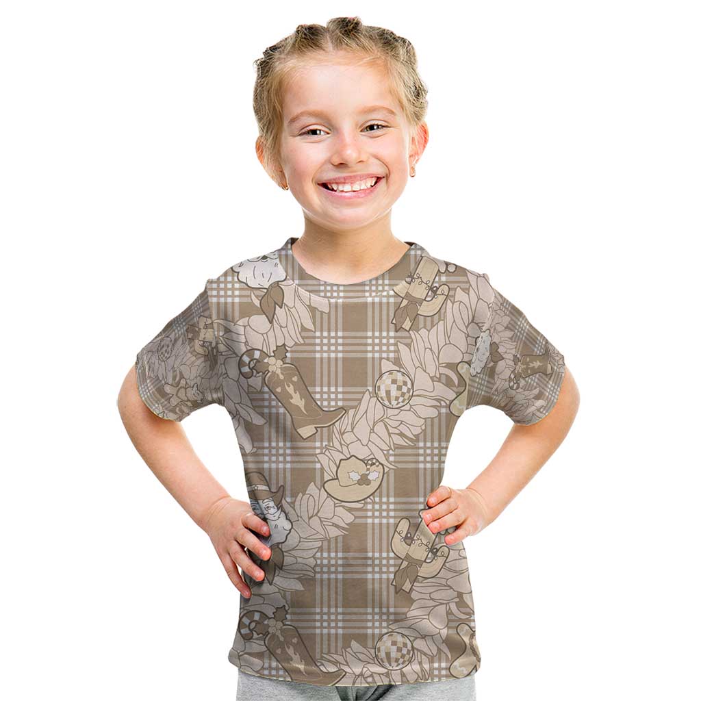 Khaki Palaka Hawaii Cowboy Christmas Kid T Shirt Paniolo Mix Maile Lei LT7 Beige - Polynesian Pride
