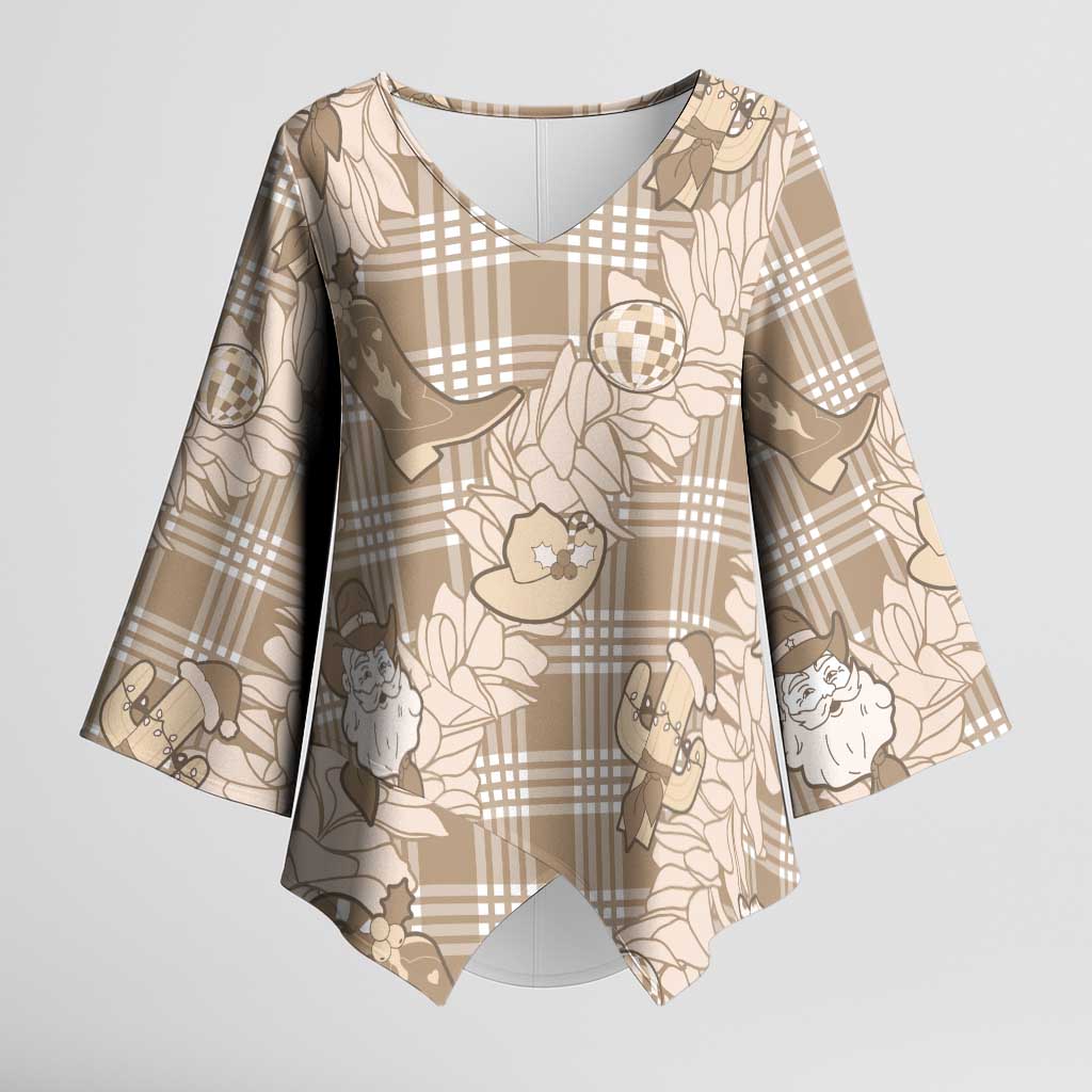Khaki Palaka Hawaii Cowboy Christmas Kimono Sleeve Blouse Paniolo Mix Maile Lei LT7 Female Beige - Polynesian Pride