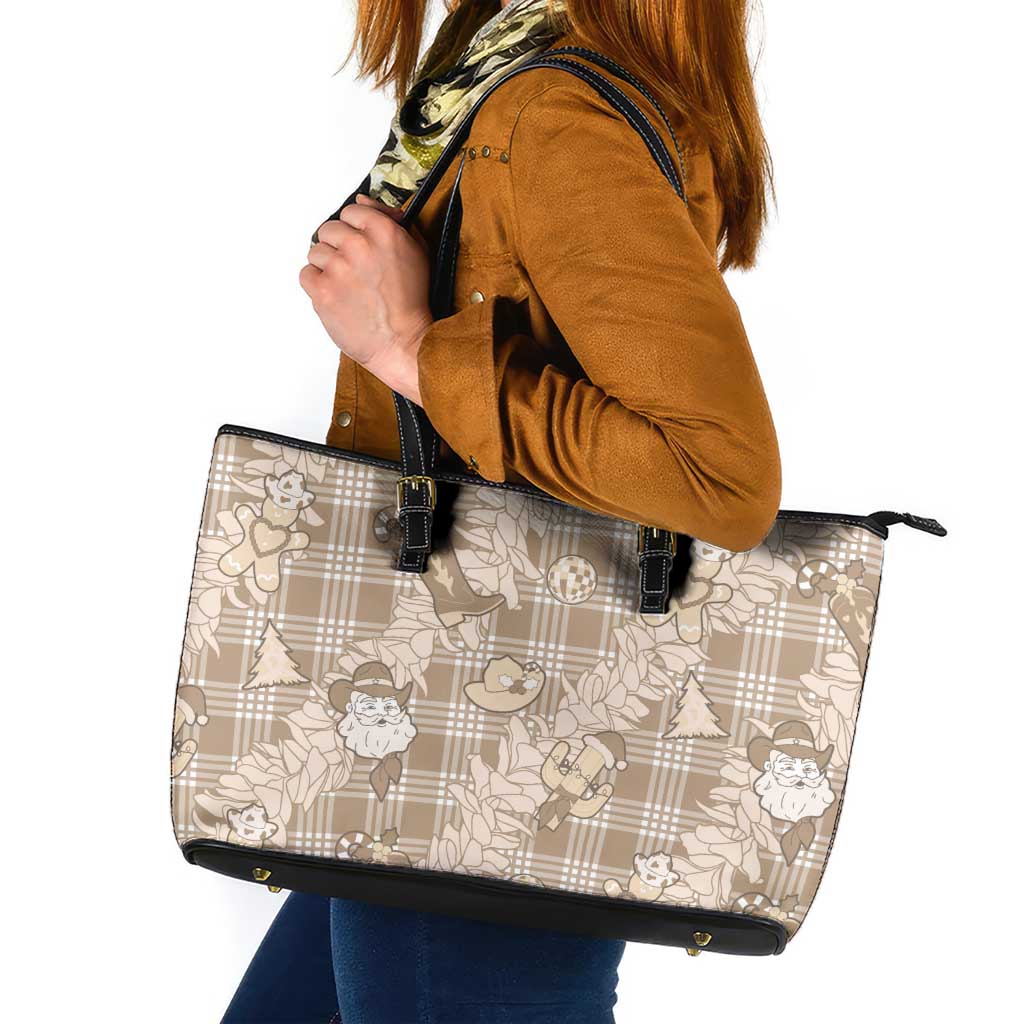 Khaki Palaka Hawaii Cowboy Christmas Leather Tote Bag Paniolo Mix Maile Lei LT7 Beige - Polynesian Pride