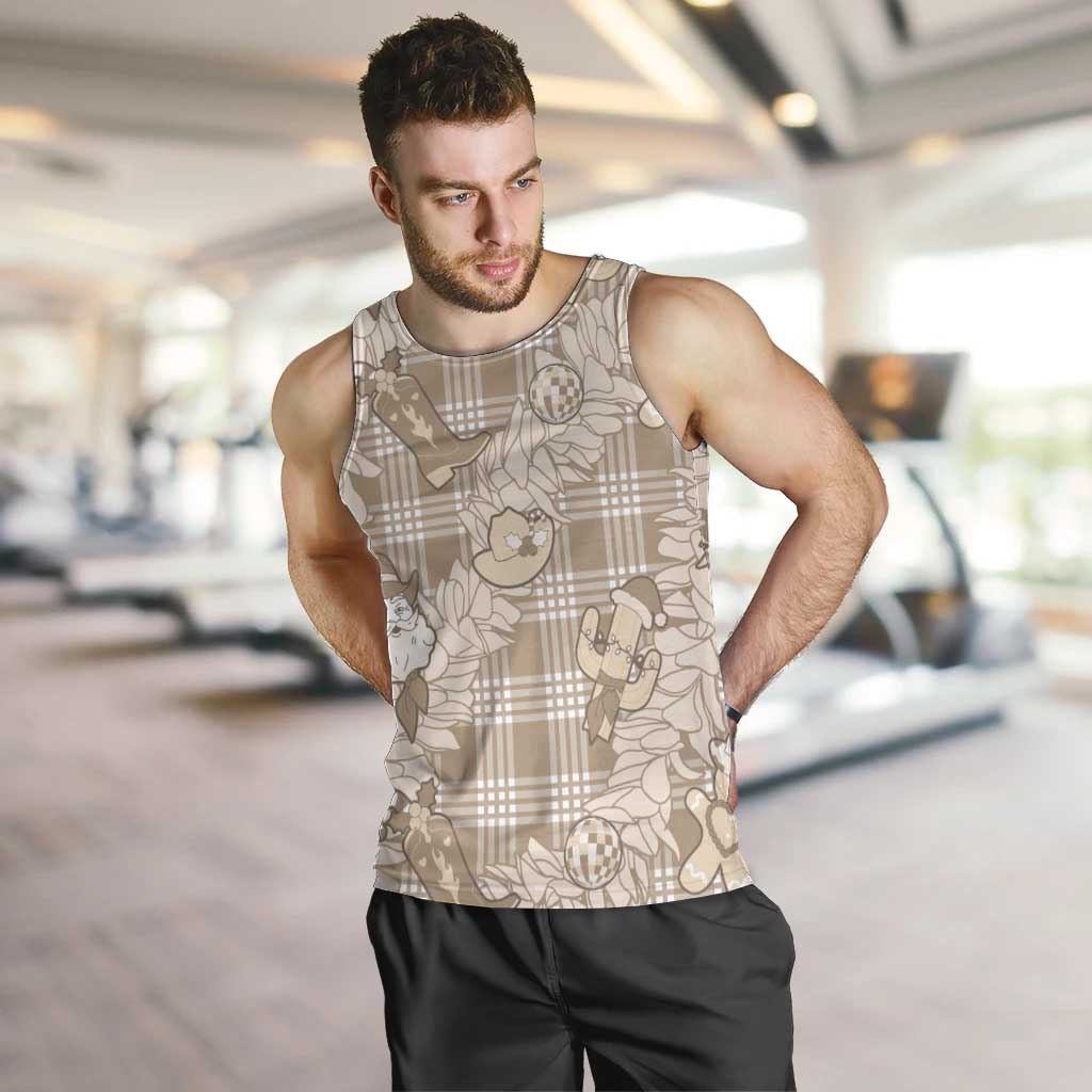 Khaki Palaka Hawaii Cowboy Christmas Men Tank Top Paniolo Mix Maile Lei LT7 Beige - Polynesian Pride