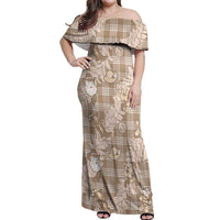 Khaki Palaka Hawaii Cowboy Christmas Off Shoulder Maxi Dress Paniolo Mix Maile Lei LT7 Women Beige - Polynesian Pride
