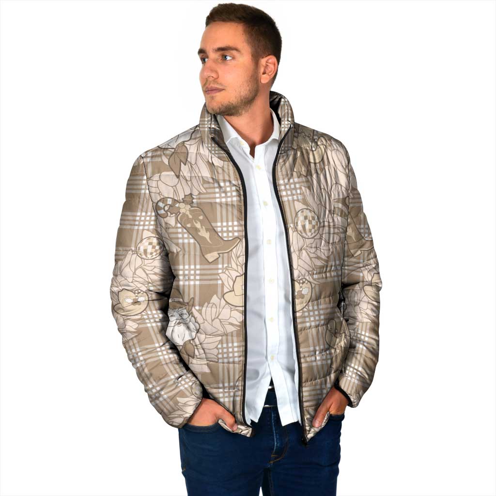 Khaki Palaka Hawaii Cowboy Christmas Padded Jacket Paniolo Mix Maile Lei LT7 - Polynesian Pride