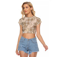 Khaki Palaka Hawaii Cowboy Christmas Raglan Cropped T Shirt Paniolo Mix Maile Lei LT7 Female Beige - Polynesian Pride
