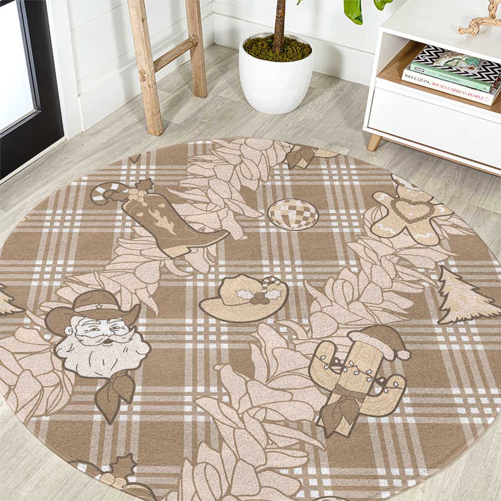 Khaki Palaka Hawaii Cowboy Christmas Round Carpet Paniolo Mix Maile Lei LT7 Beige - Polynesian Pride