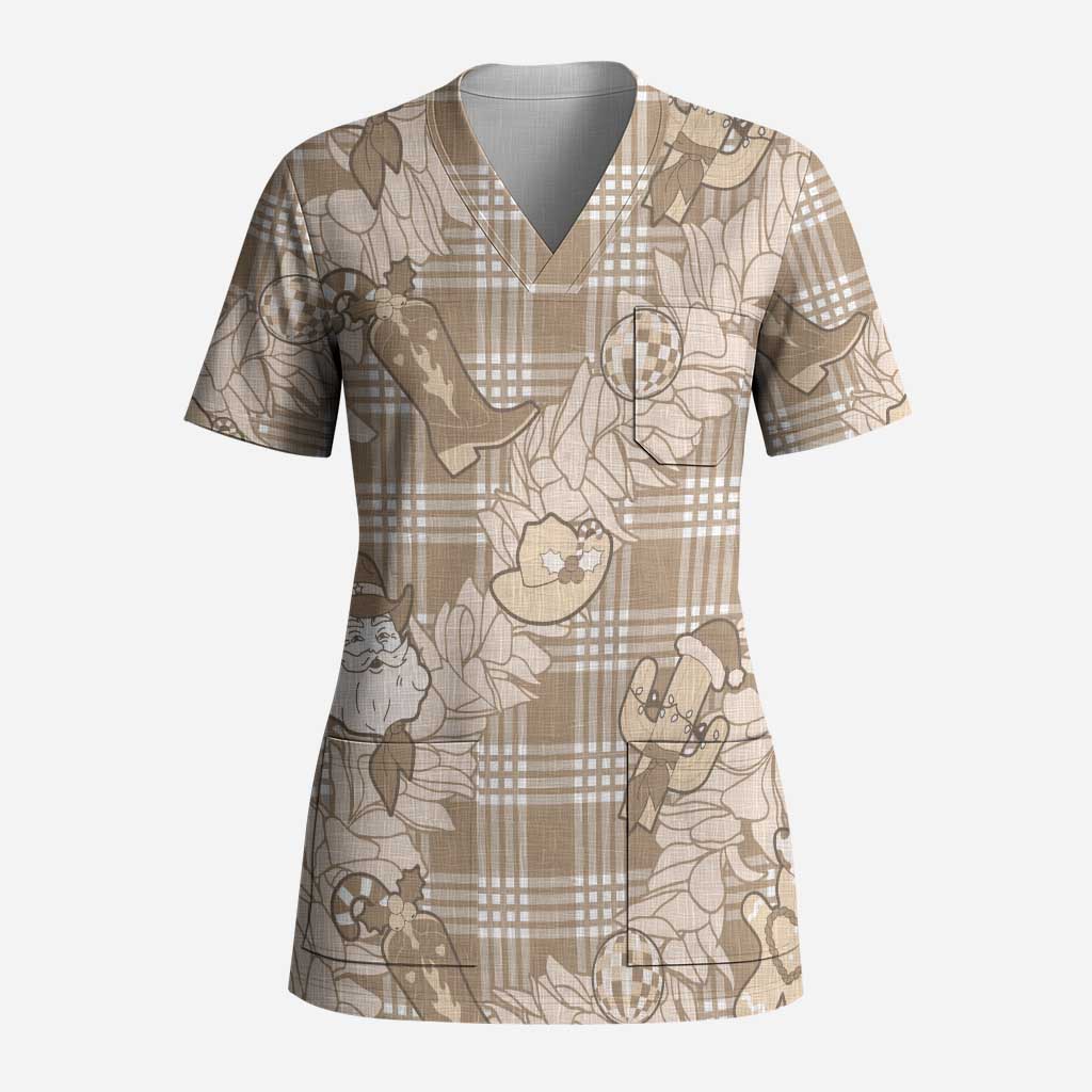 Khaki Palaka Hawaii Cowboy Christmas Scrub Top Paniolo Mix Maile Lei LT7 Adult Beige - Polynesian Pride