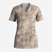 Khaki Palaka Hawaii Cowboy Christmas Scrub Top Paniolo Mix Maile Lei LT7 Adult Beige - Polynesian Pride