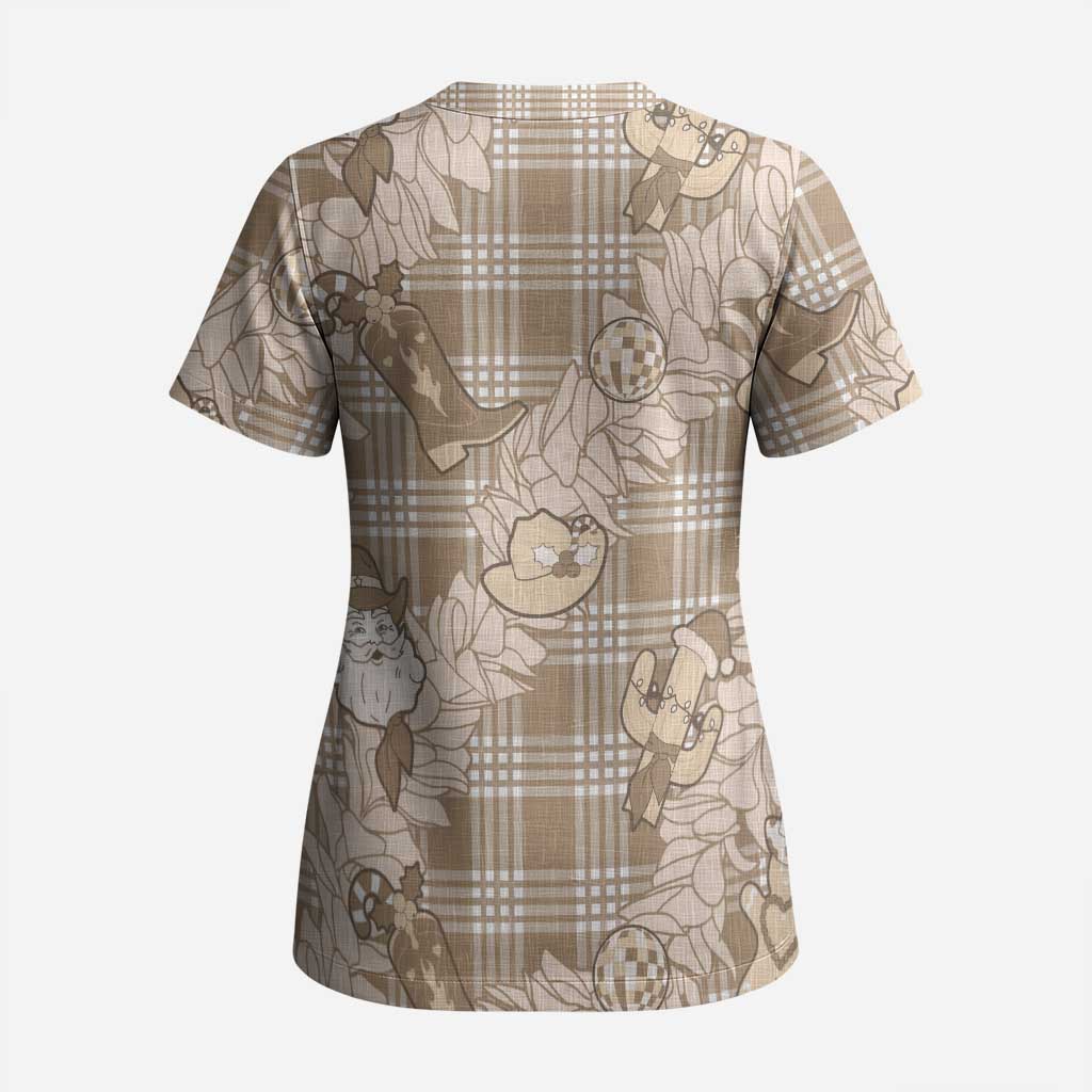 Khaki Palaka Hawaii Cowboy Christmas Scrub Top Paniolo Mix Maile Lei LT7 - Polynesian Pride