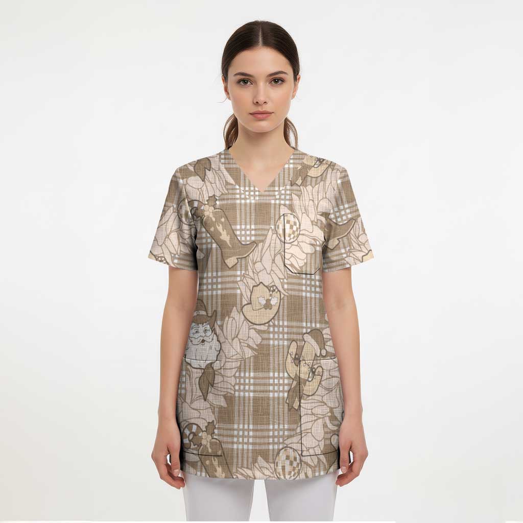 Khaki Palaka Hawaii Cowboy Christmas Scrub Top Paniolo Mix Maile Lei LT7 - Polynesian Pride