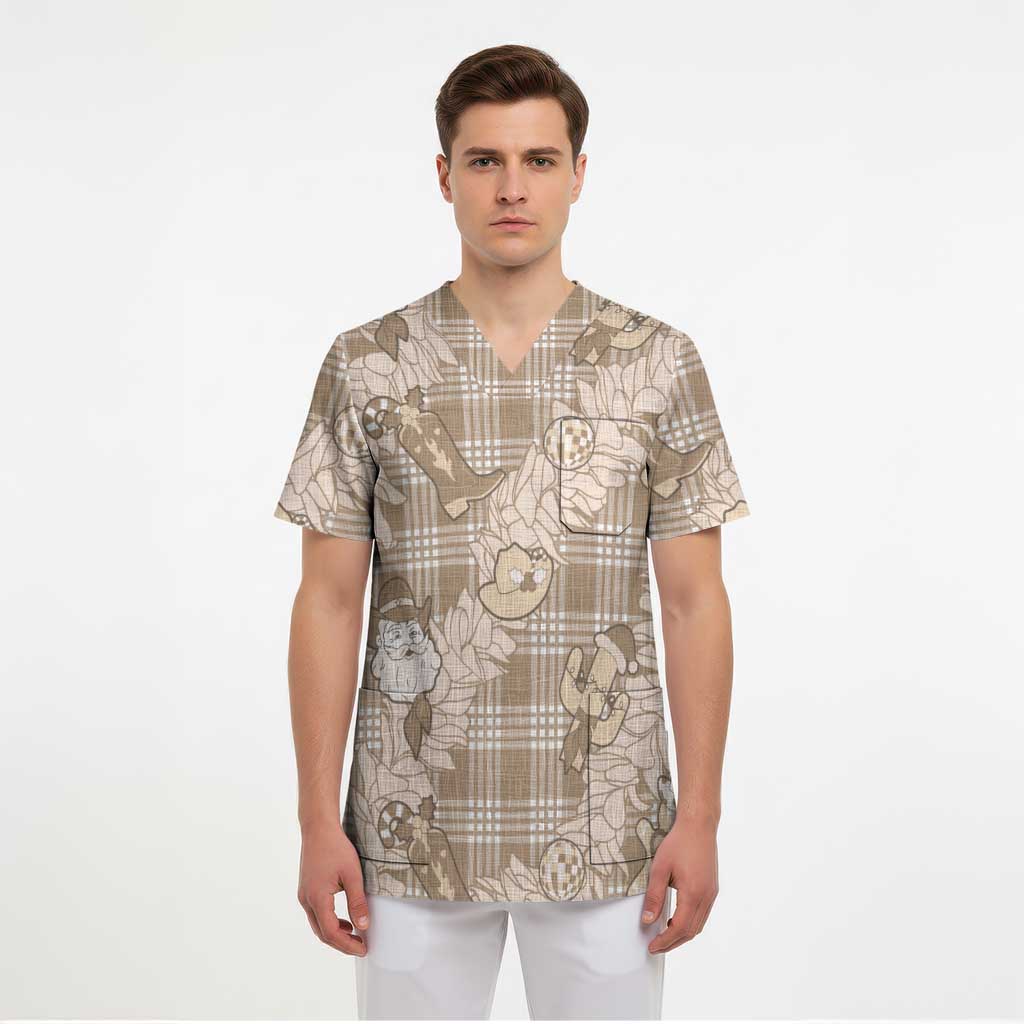 Khaki Palaka Hawaii Cowboy Christmas Scrub Top Paniolo Mix Maile Lei LT7 - Polynesian Pride