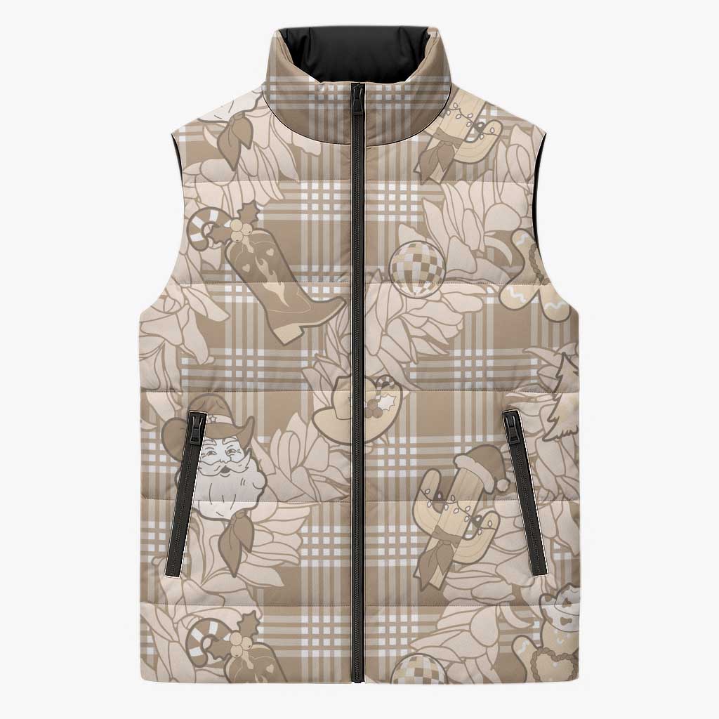 Khaki Palaka Hawaii Cowboy Christmas Sleeveless Puffer Jacket Paniolo Mix Maile Lei LT7 Unisex Beige - Polynesian Pride