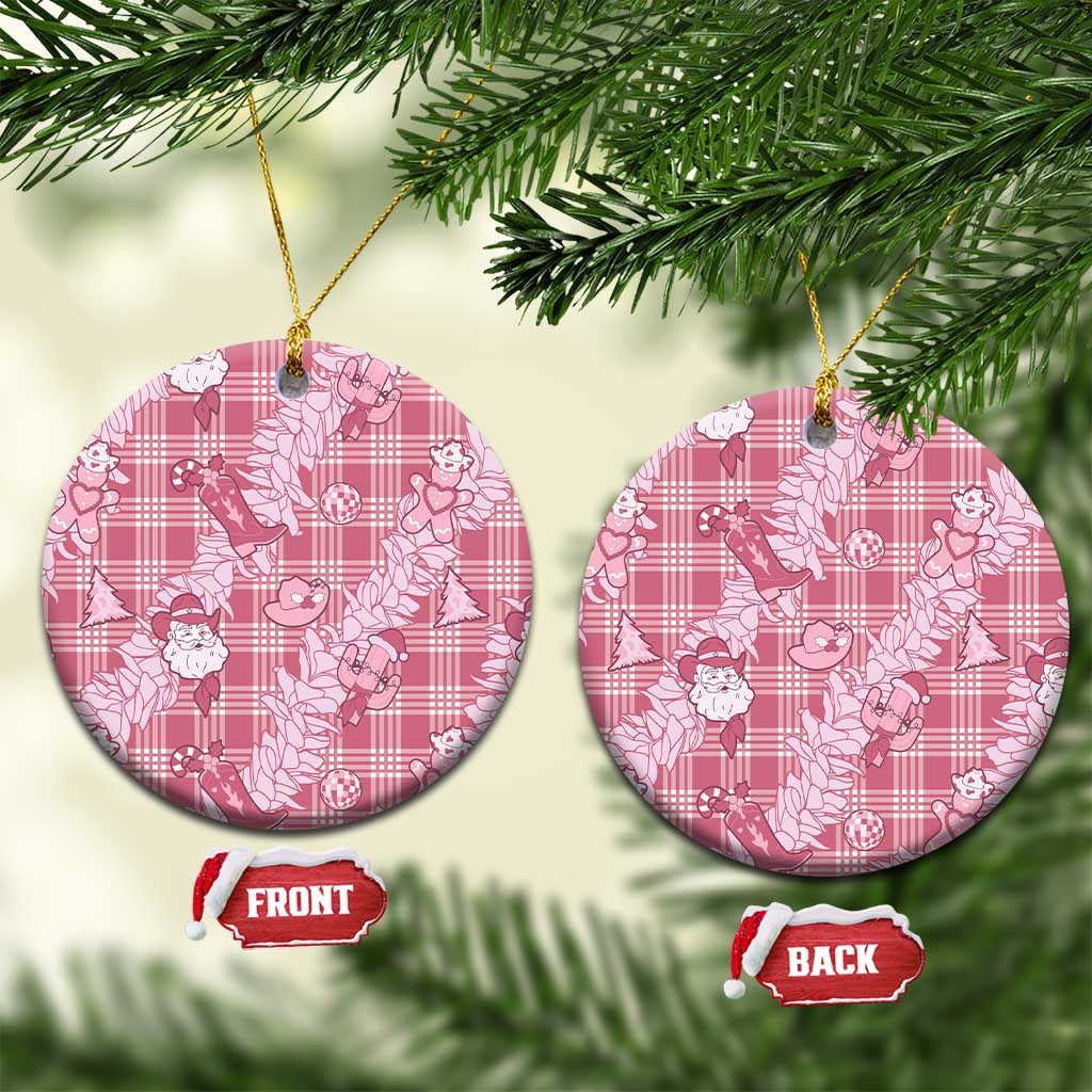 Pink Palaka Hawaii Cowboy Christmas Ceramic Ornament Paniolo Mix Maile Lei LT7 Circle Pink - Polynesian Pride