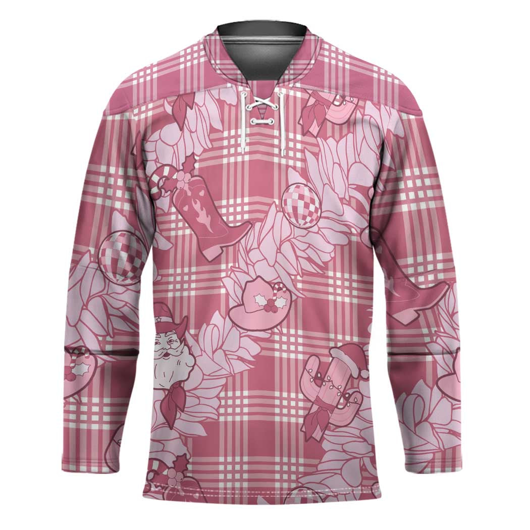 Pink Palaka Hawaii Cowboy Christmas Hockey Jersey Paniolo Mix Maile Lei LT7 Unisex Pink - Polynesian Pride