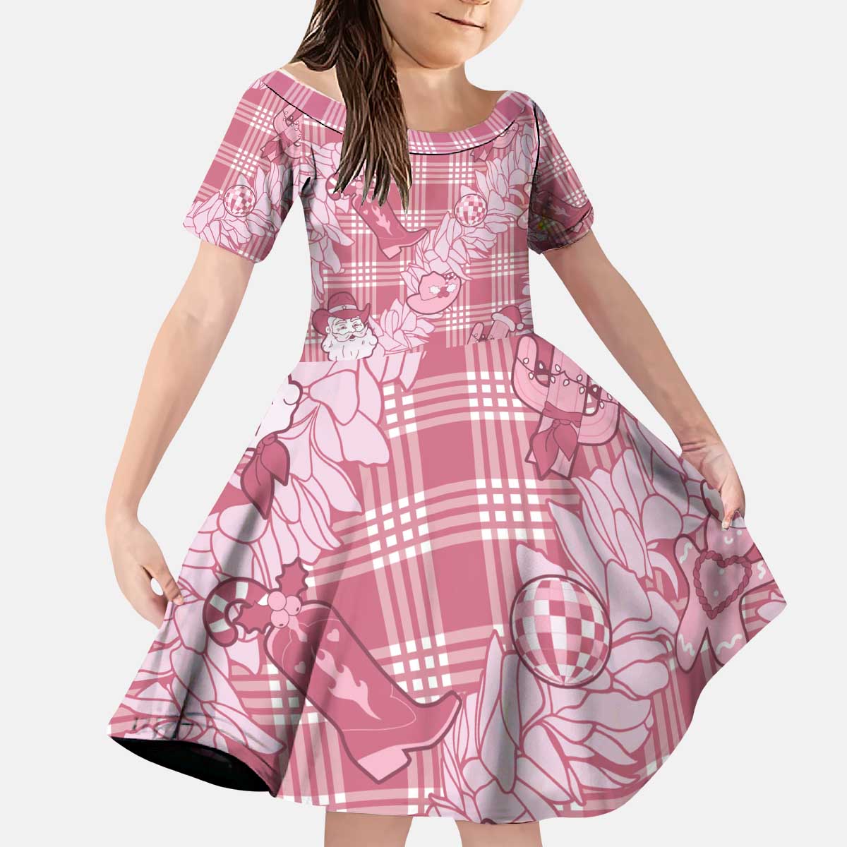 Pink Palaka Hawaii Cowboy Christmas Kid Short Sleeve Dress Paniolo Mix Maile Lei LT7 KID Pink - Polynesian Pride