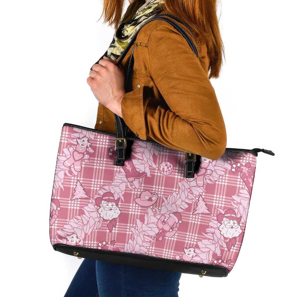 Pink Palaka Hawaii Cowboy Christmas Leather Tote Bag Paniolo Mix Maile Lei LT7 Pink - Polynesian Pride