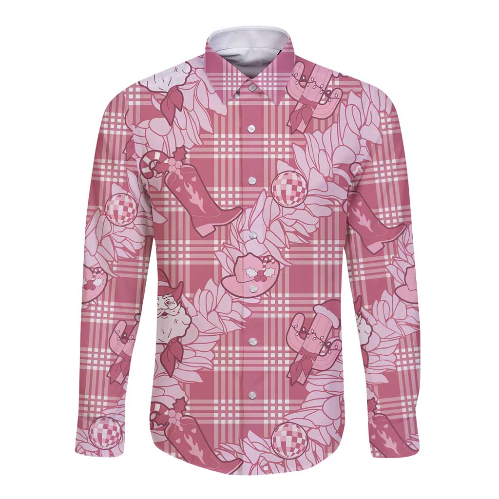 Pink Palaka Hawaii Cowboy Christmas Long Sleeve Button Shirt Paniolo Mix Maile Lei LT7 Unisex Pink - Polynesian Pride