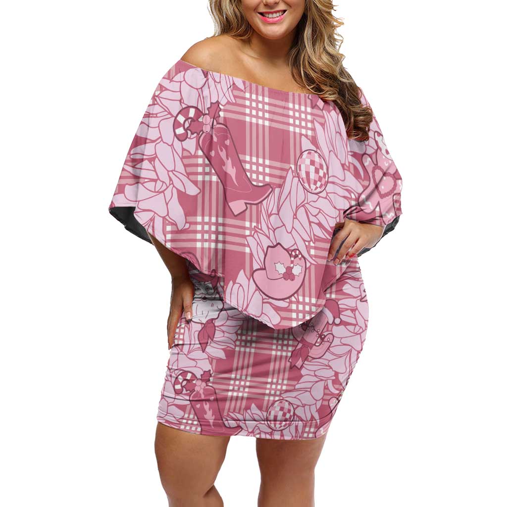 Pink Palaka Hawaii Cowboy Christmas Off Shoulder Short Dress Paniolo Mix Maile Lei LT7 Women Pink - Polynesian Pride