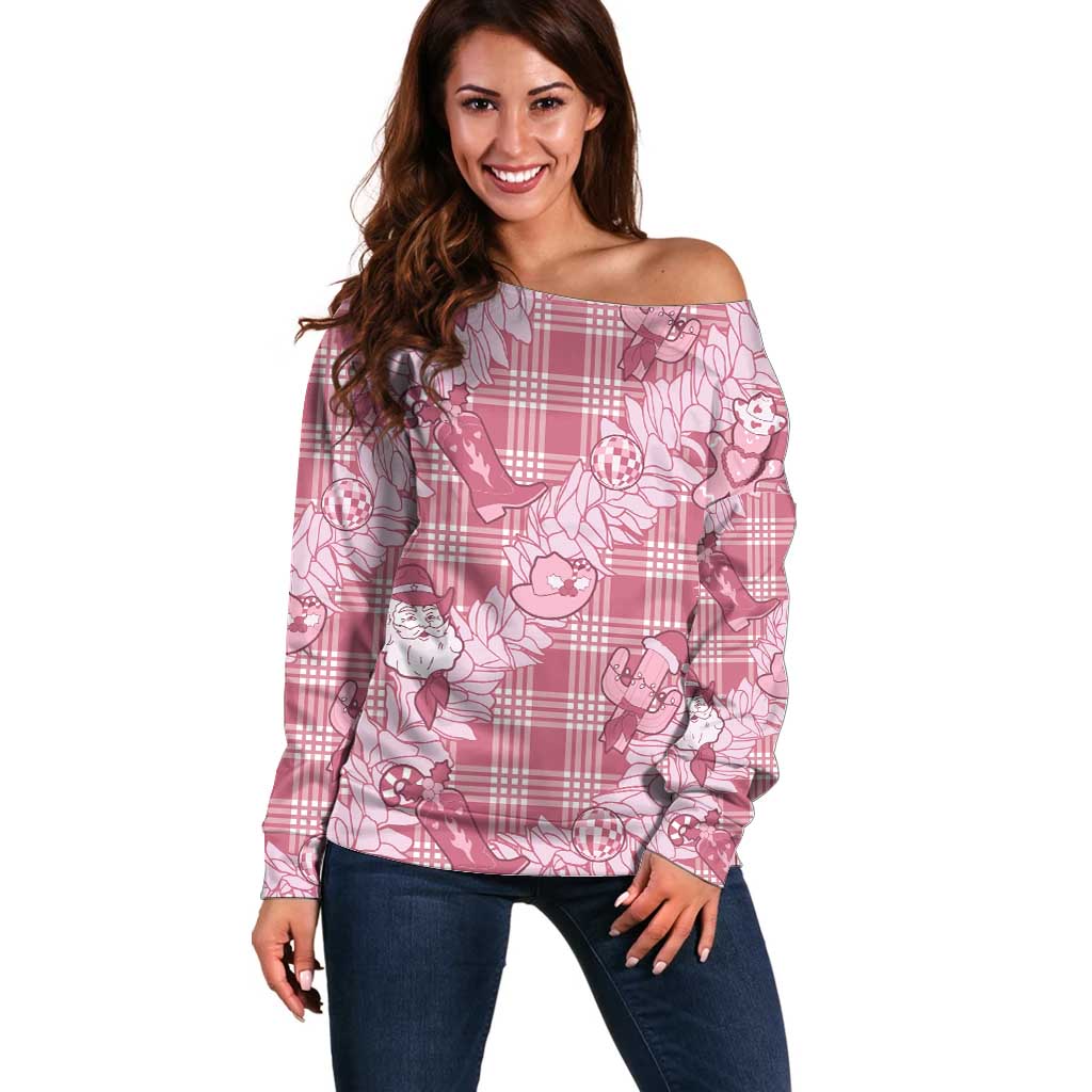 Pink Palaka Hawaii Cowboy Christmas Off Shoulder Sweater Paniolo Mix Maile Lei LT7 Women Pink - Polynesian Pride