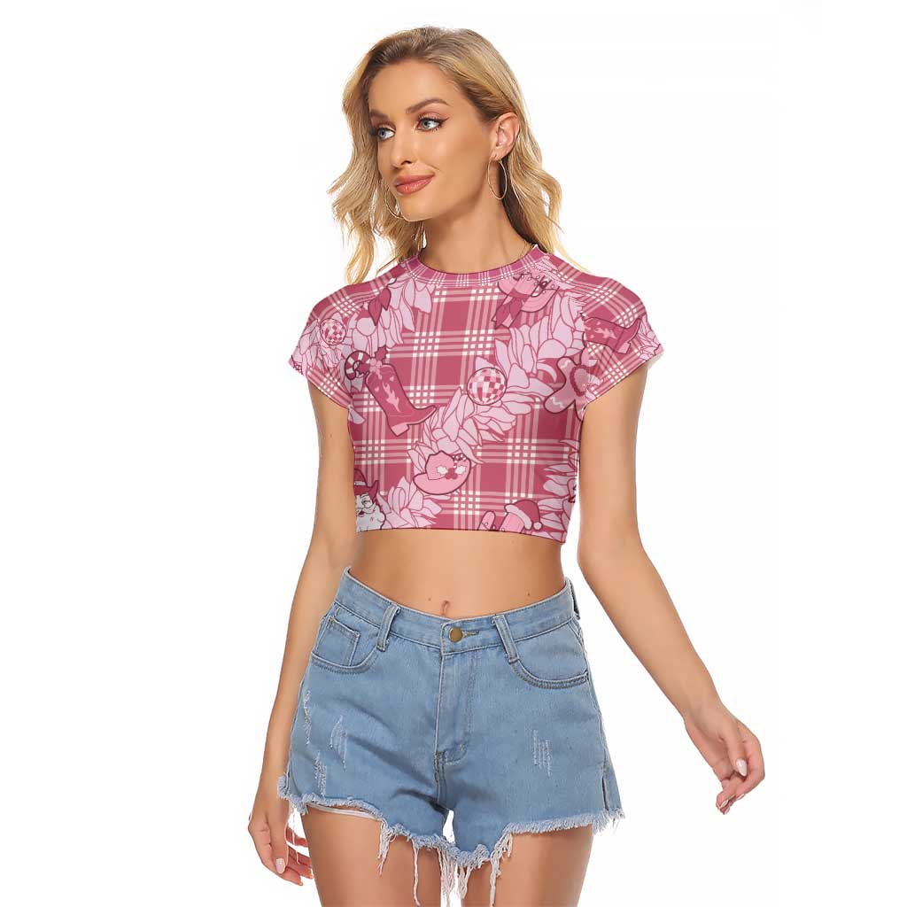 Pink Palaka Hawaii Cowboy Christmas Raglan Cropped T Shirt Paniolo Mix Maile Lei LT7 Female Pink - Polynesian Pride