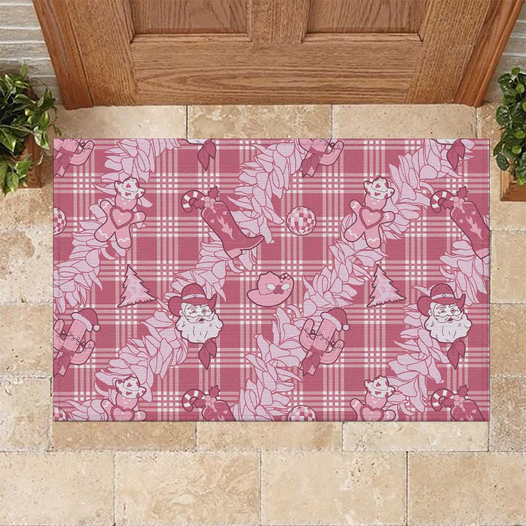 Pink Palaka Hawaii Cowboy Christmas Rubber Doormat Paniolo Mix Maile Lei LT7 Pink - Polynesian Pride