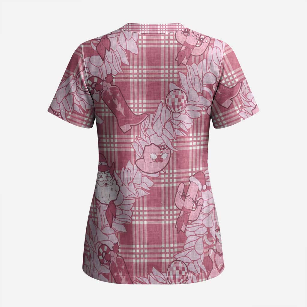 Pink Palaka Hawaii Cowboy Christmas Scrub Top Paniolo Mix Maile Lei LT7 - Polynesian Pride