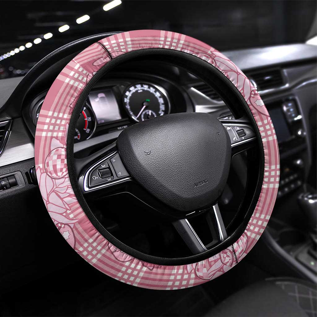Pink Palaka Hawaii Cowboy Christmas Steering Wheel Cover Paniolo Mix Maile Lei LT7 Universal Fit Pink - Polynesian Pride