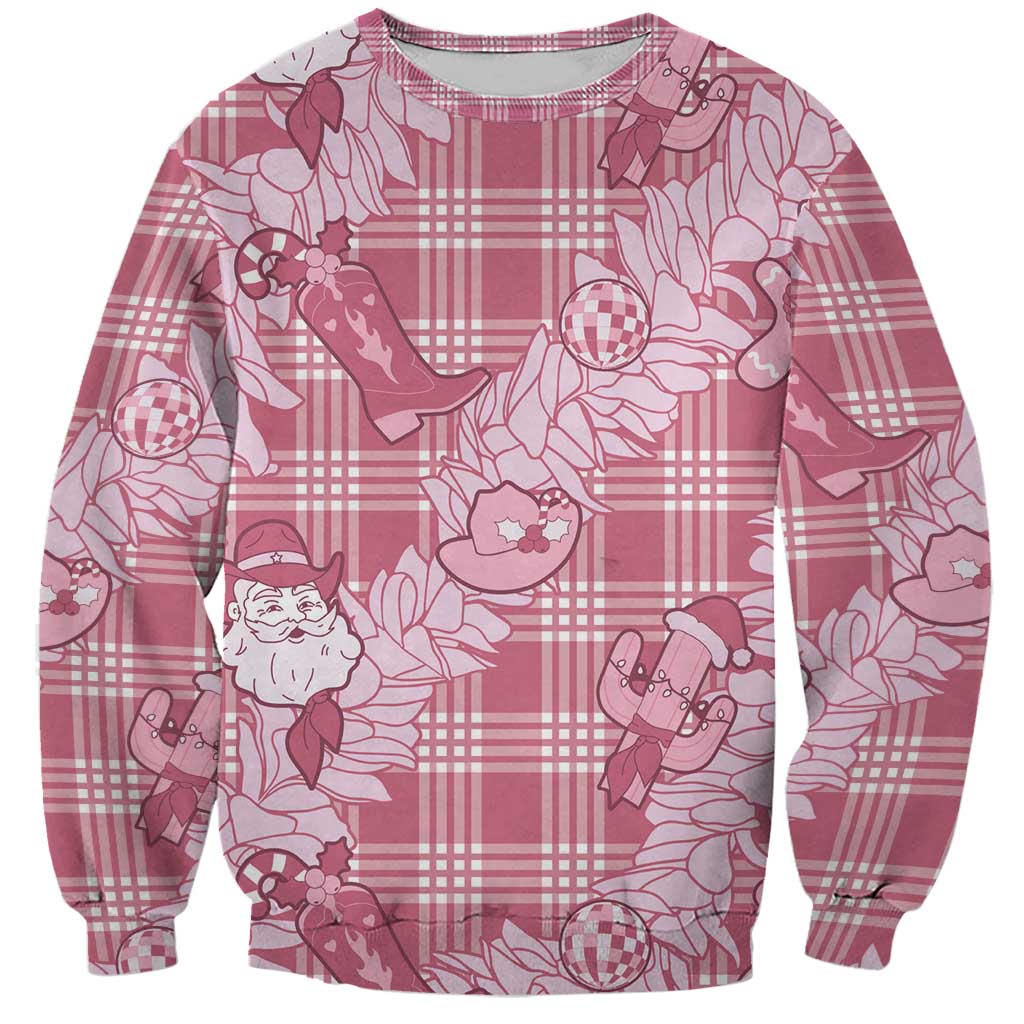 Pink Palaka Hawaii Cowboy Christmas Sweatshirt Paniolo Mix Maile Lei LT7 Unisex Pink - Polynesian Pride