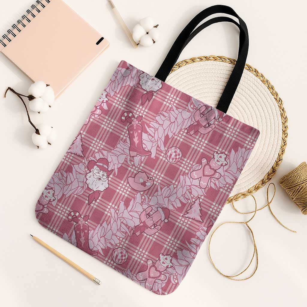 Pink Palaka Hawaii Cowboy Christmas Tote Bag Paniolo Mix Maile Lei LT7 Black Strap One Size Pink - Polynesian Pride
