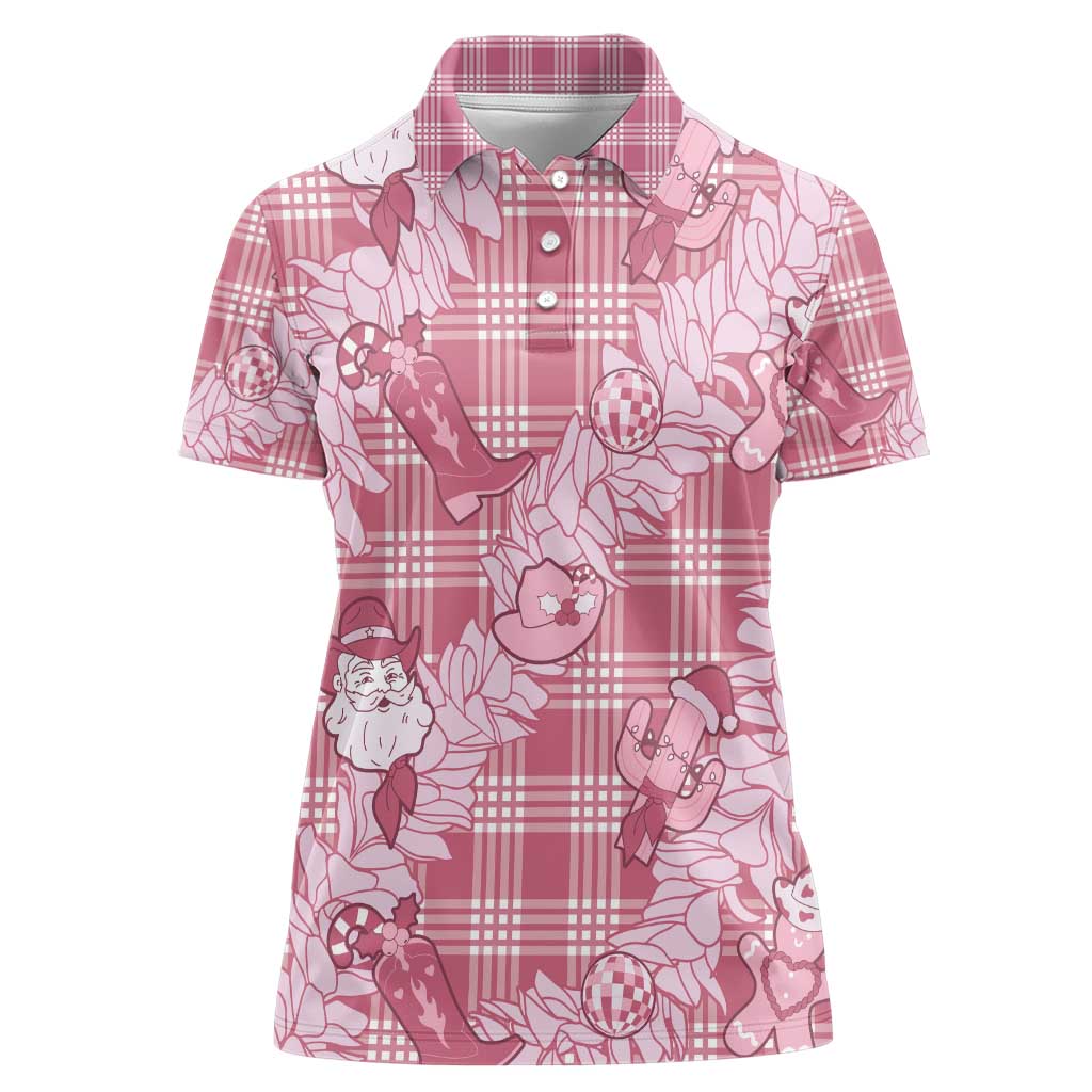 Pink Palaka Hawaii Cowboy Christmas Women Polo Shirt Paniolo Mix Maile Lei LT7 Female Pink - Polynesian Pride