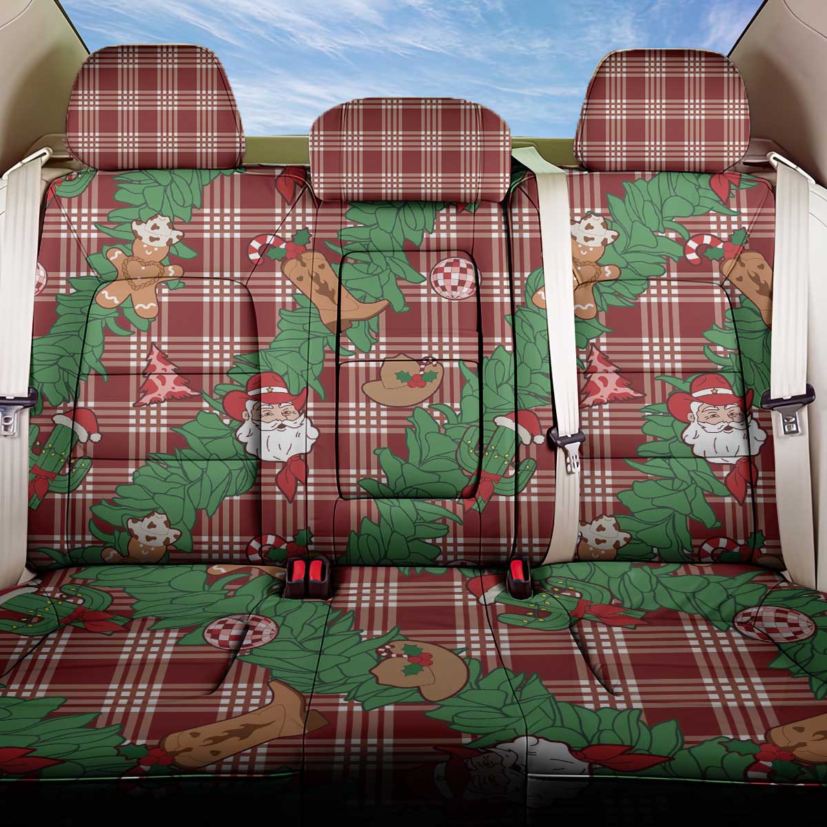 Red Palaka Hawaii Cowboy Christmas Back Car Seat Cover Paniolo Mix Maile Lei LT7 One Size Red - Polynesian Pride