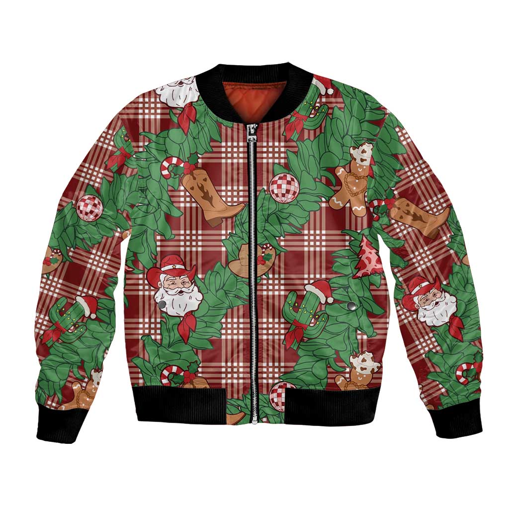 Red Palaka Hawaii Cowboy Christmas Bomber Jacket Paniolo Mix Maile Lei LT7 Unisex Red - Polynesian Pride