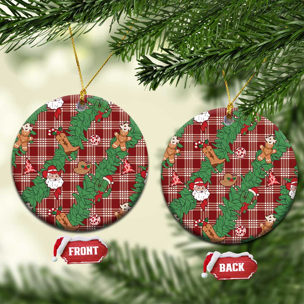 Red Palaka Hawaii Cowboy Christmas Ceramic Ornament Paniolo Mix Maile Lei LT7 Circle Red - Polynesian Pride