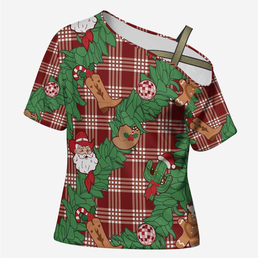 Red Palaka Hawaii Cowboy Christmas Cross Shoulder Shirt Paniolo Mix Maile Lei LT7 Female Red - Polynesian Pride