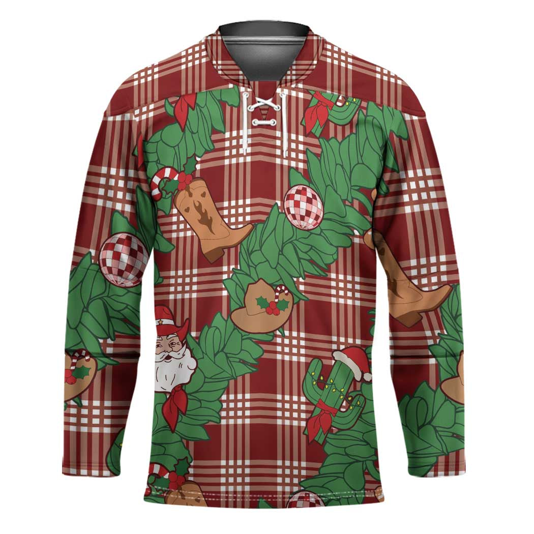 Red Palaka Hawaii Cowboy Christmas Hockey Jersey Paniolo Mix Maile Lei LT7 Unisex Red - Polynesian Pride