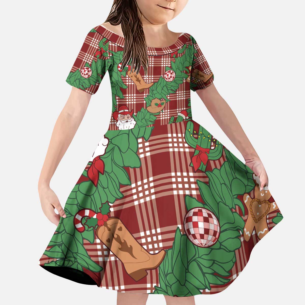 Red Palaka Hawaii Cowboy Christmas Kid Short Sleeve Dress Paniolo Mix Maile Lei LT7 KID Red - Polynesian Pride
