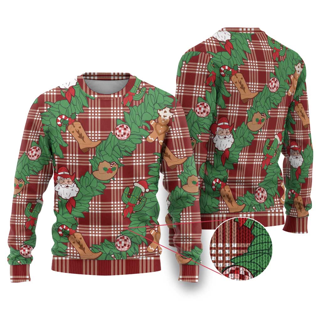 Red Palaka Hawaii Cowboy Christmas Ugly Christmas Sweater Paniolo Mix Maile Lei LT7 Red - Polynesian Pride