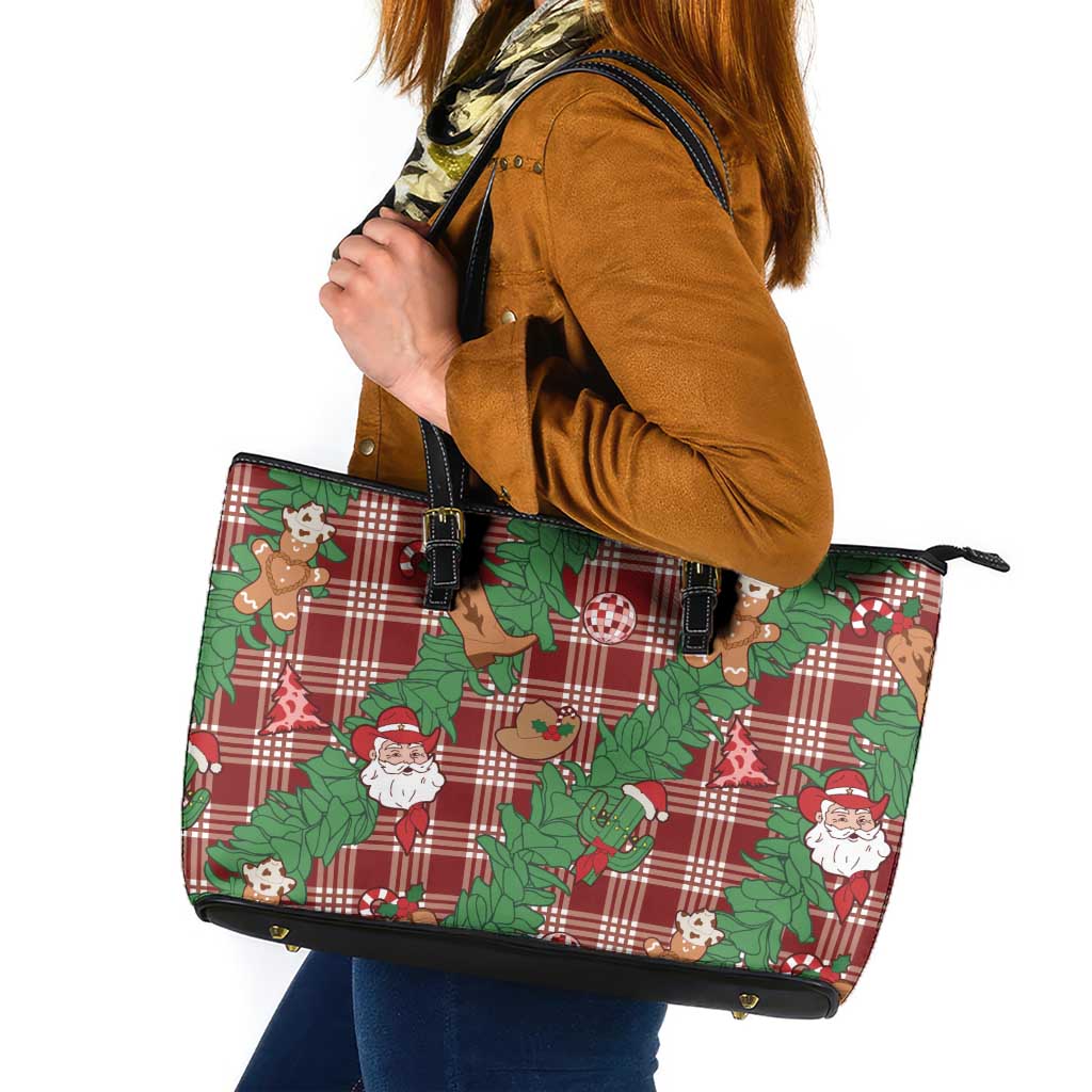 Red Palaka Hawaii Cowboy Christmas Leather Tote Bag Paniolo Mix Maile Lei LT7 Red - Polynesian Pride