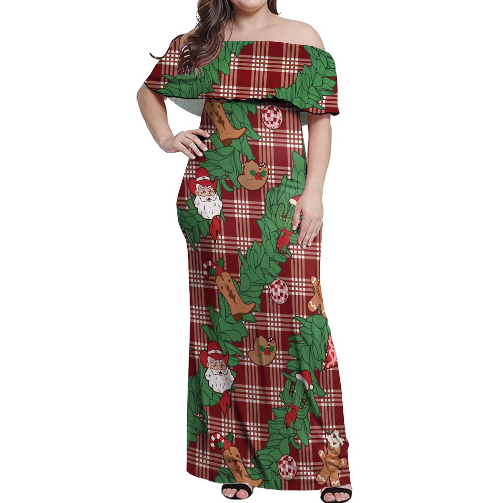 Red Palaka Hawaii Cowboy Christmas Off Shoulder Maxi Dress Paniolo Mix Maile Lei LT7 Women Red - Polynesian Pride