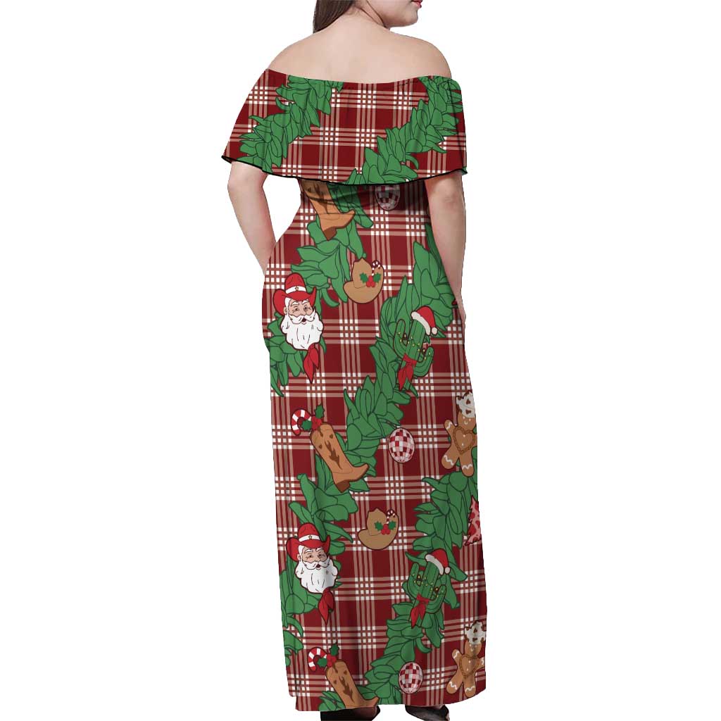 Red Palaka Hawaii Cowboy Christmas Off Shoulder Maxi Dress Paniolo Mix Maile Lei LT7 - Polynesian Pride