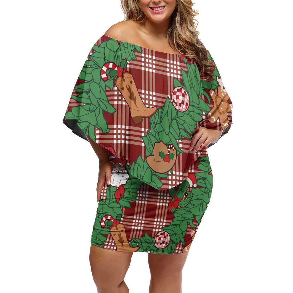 Red Palaka Hawaii Cowboy Christmas Off Shoulder Short Dress Paniolo Mix Maile Lei LT7 Women Red - Polynesian Pride