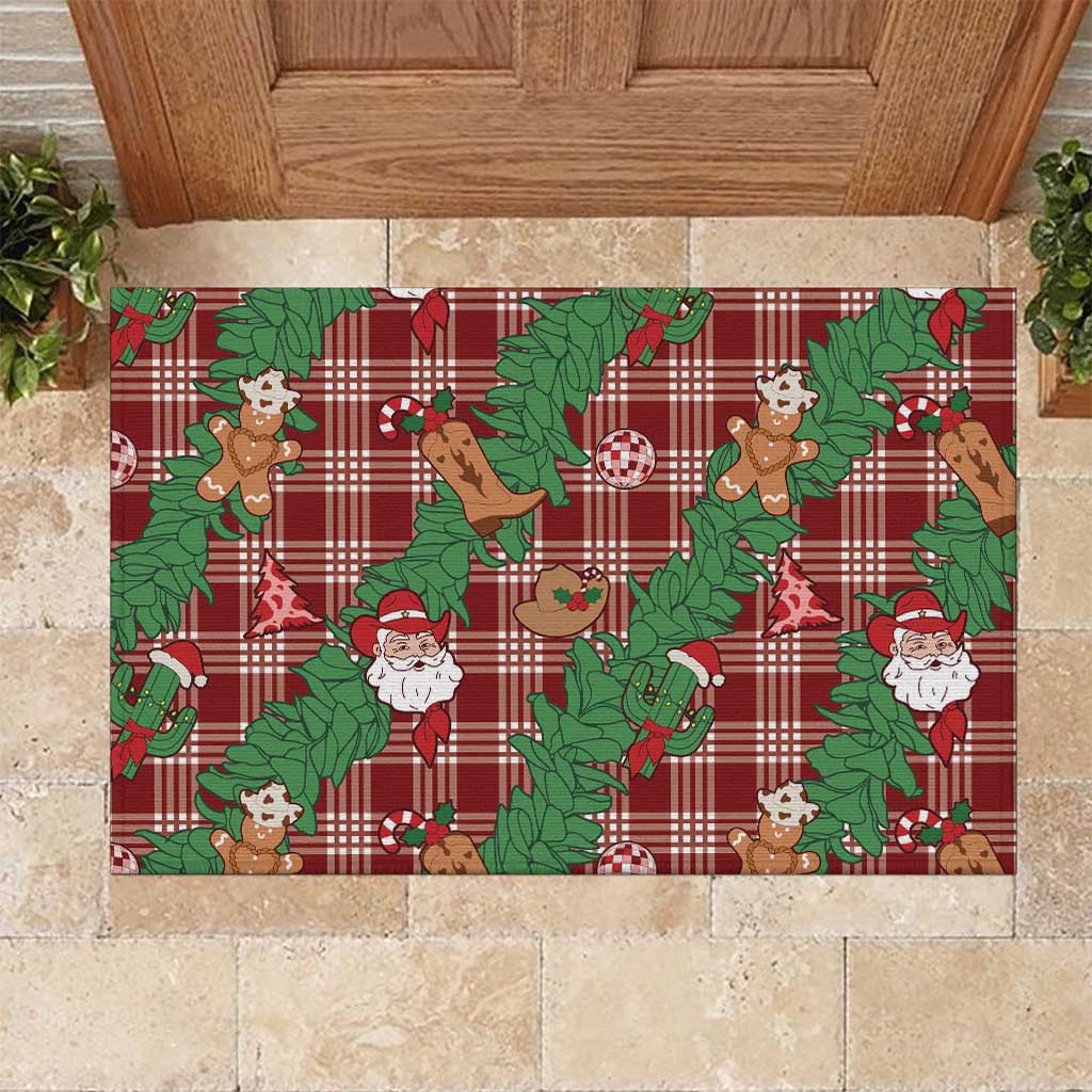 Red Palaka Hawaii Cowboy Christmas Rubber Doormat Paniolo Mix Maile Lei LT7 Red - Polynesian Pride