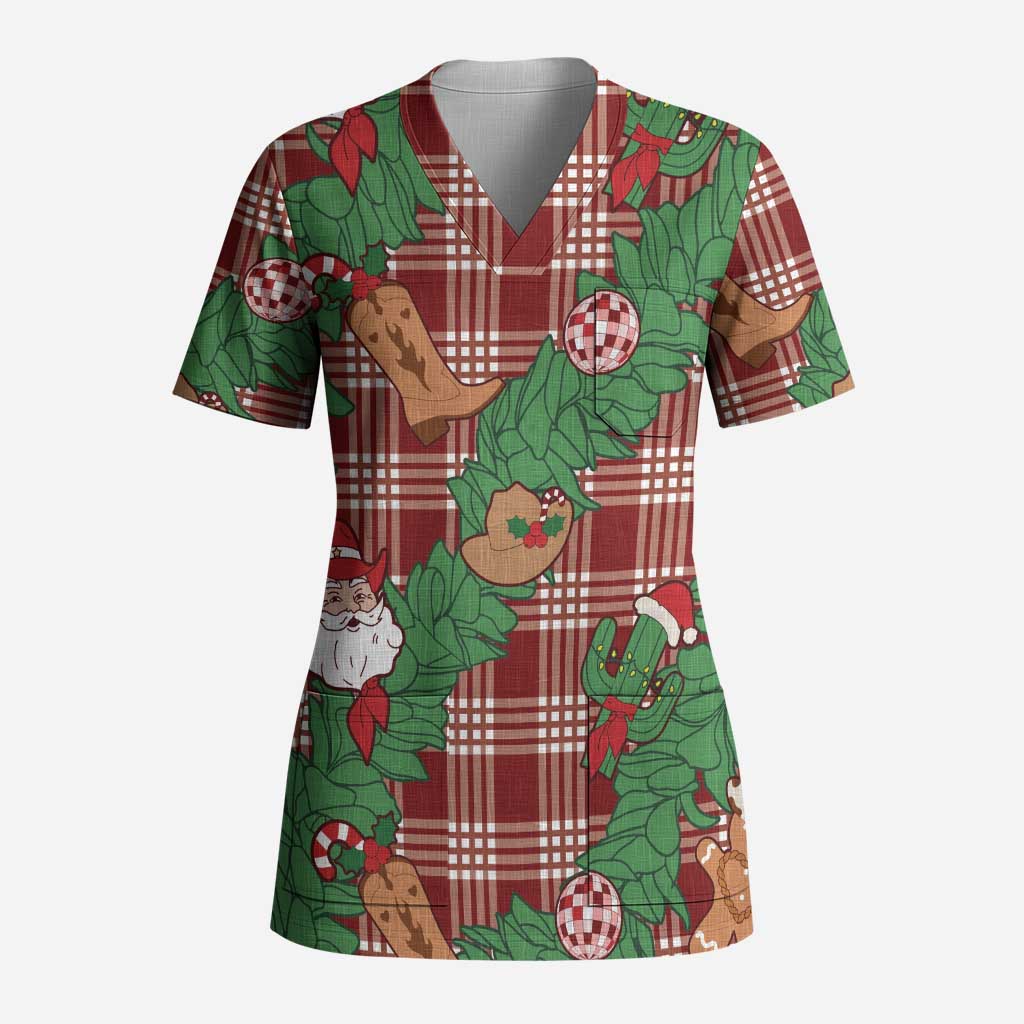 Red Palaka Hawaii Cowboy Christmas Scrub Top Paniolo Mix Maile Lei LT7 Adult Red - Polynesian Pride