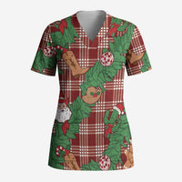 Red Palaka Hawaii Cowboy Christmas Scrub Top Paniolo Mix Maile Lei LT7 Adult Red - Polynesian Pride