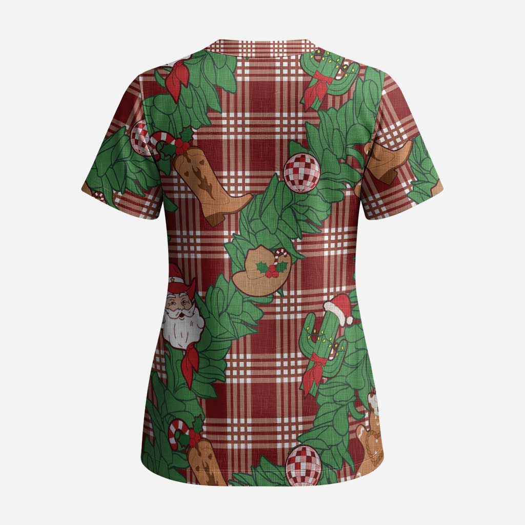 Red Palaka Hawaii Cowboy Christmas Scrub Top Paniolo Mix Maile Lei LT7 - Polynesian Pride