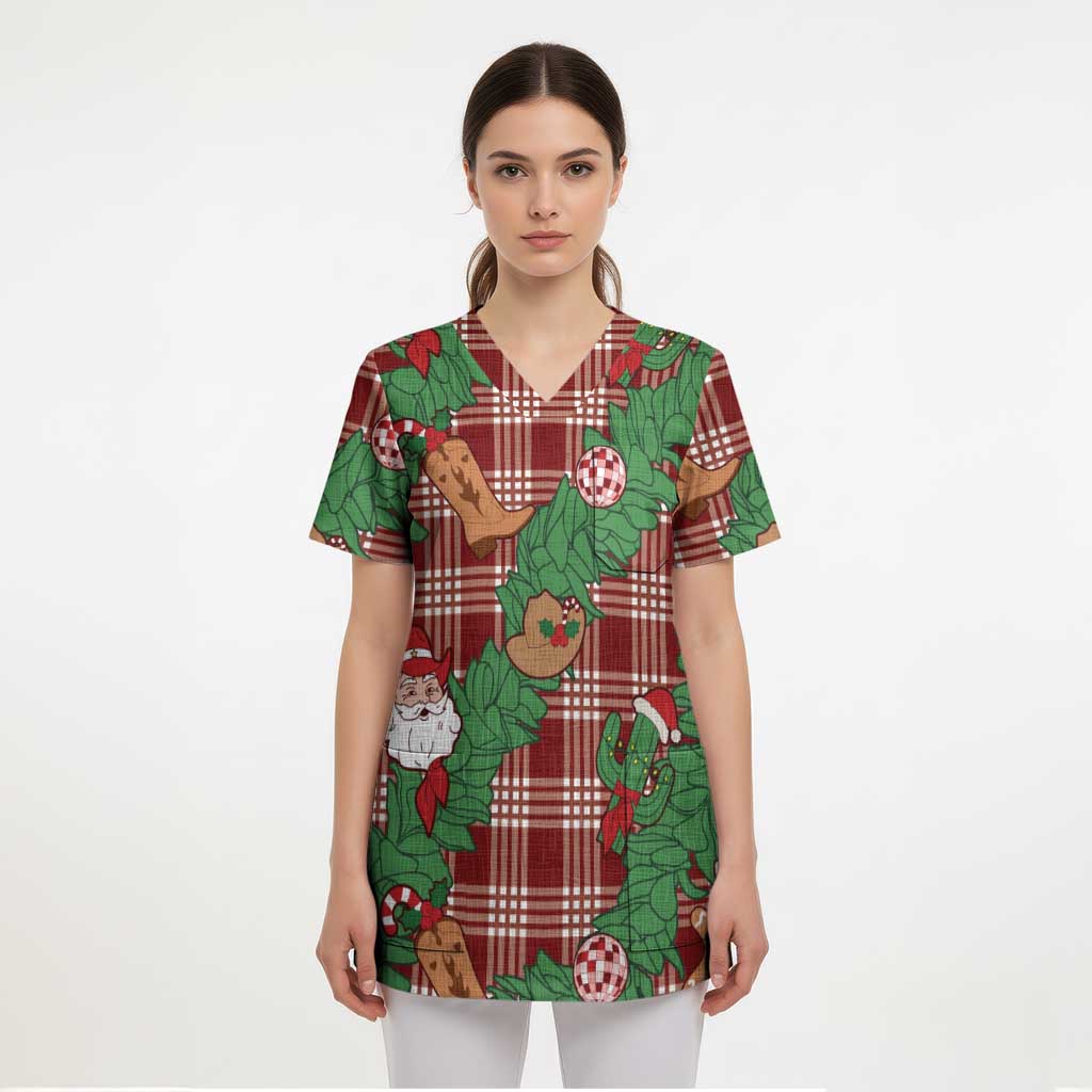 Red Palaka Hawaii Cowboy Christmas Scrub Top Paniolo Mix Maile Lei LT7 - Polynesian Pride