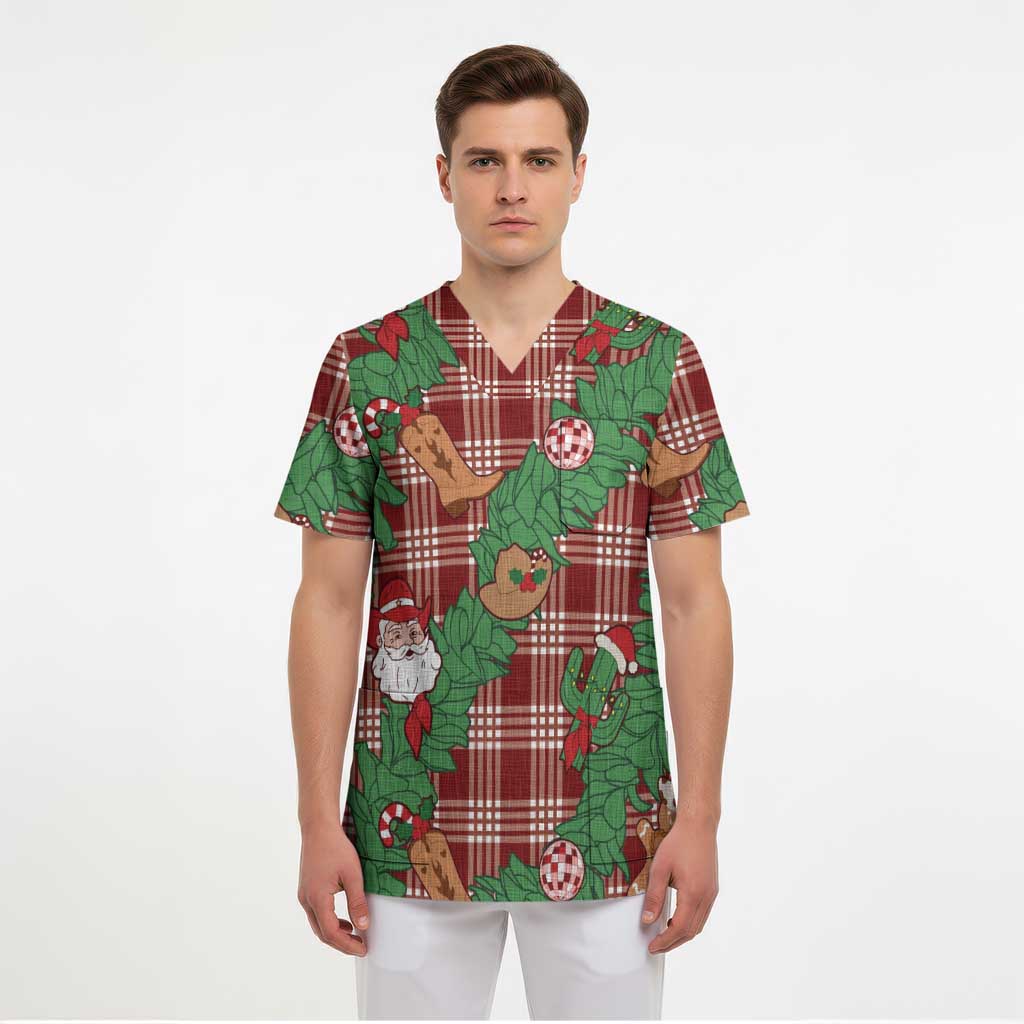 Red Palaka Hawaii Cowboy Christmas Scrub Top Paniolo Mix Maile Lei LT7 - Polynesian Pride